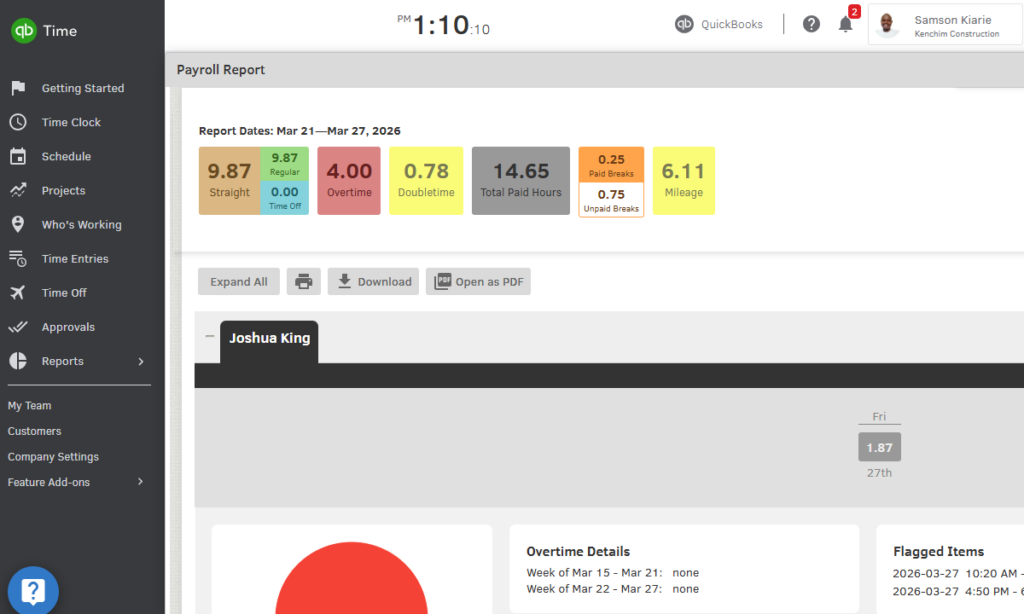 Screenshot showing a payroll report in QuickBooks Time.