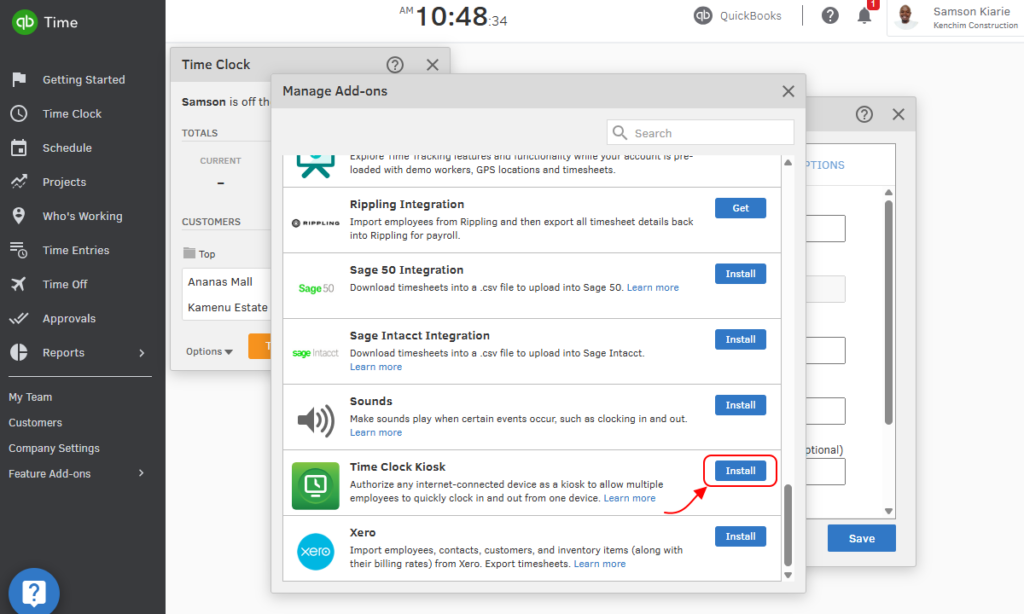 Screenshot showing QuickBooks Time’s add-ons page.