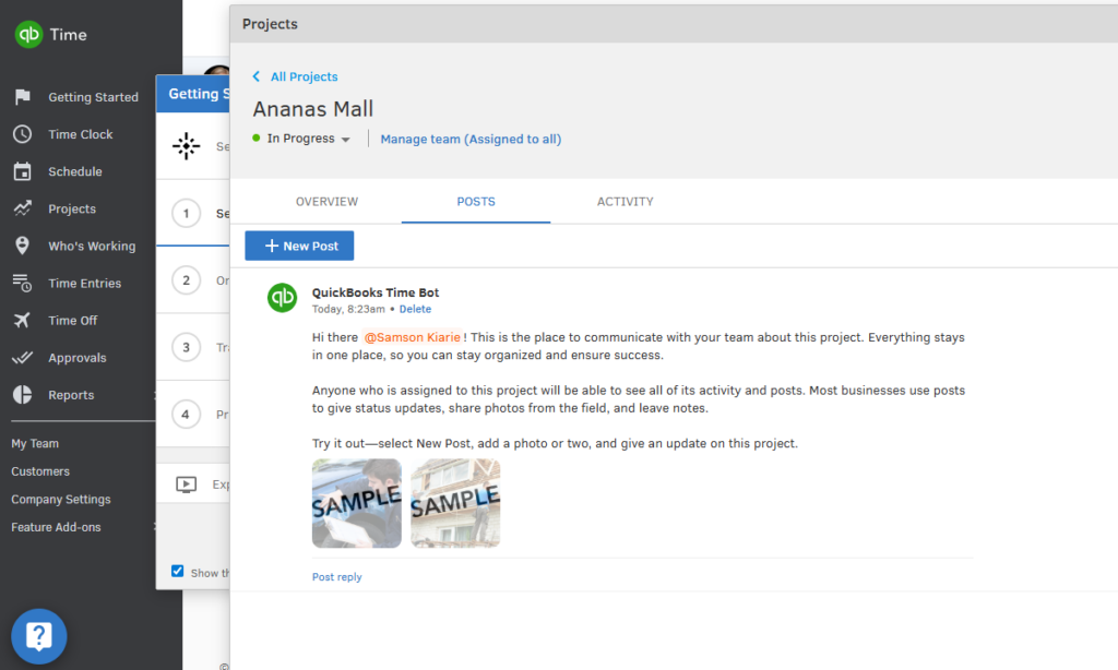 Screenshot showing posts in QuickBooks Time.