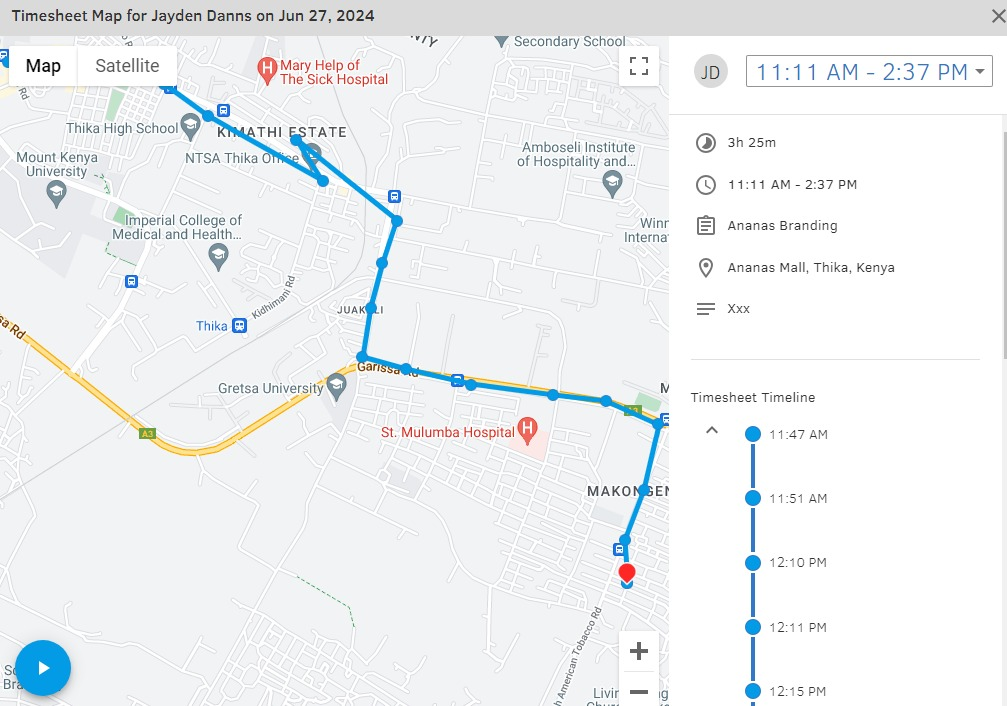 Screenshot showing QuickBooks Time route map.
