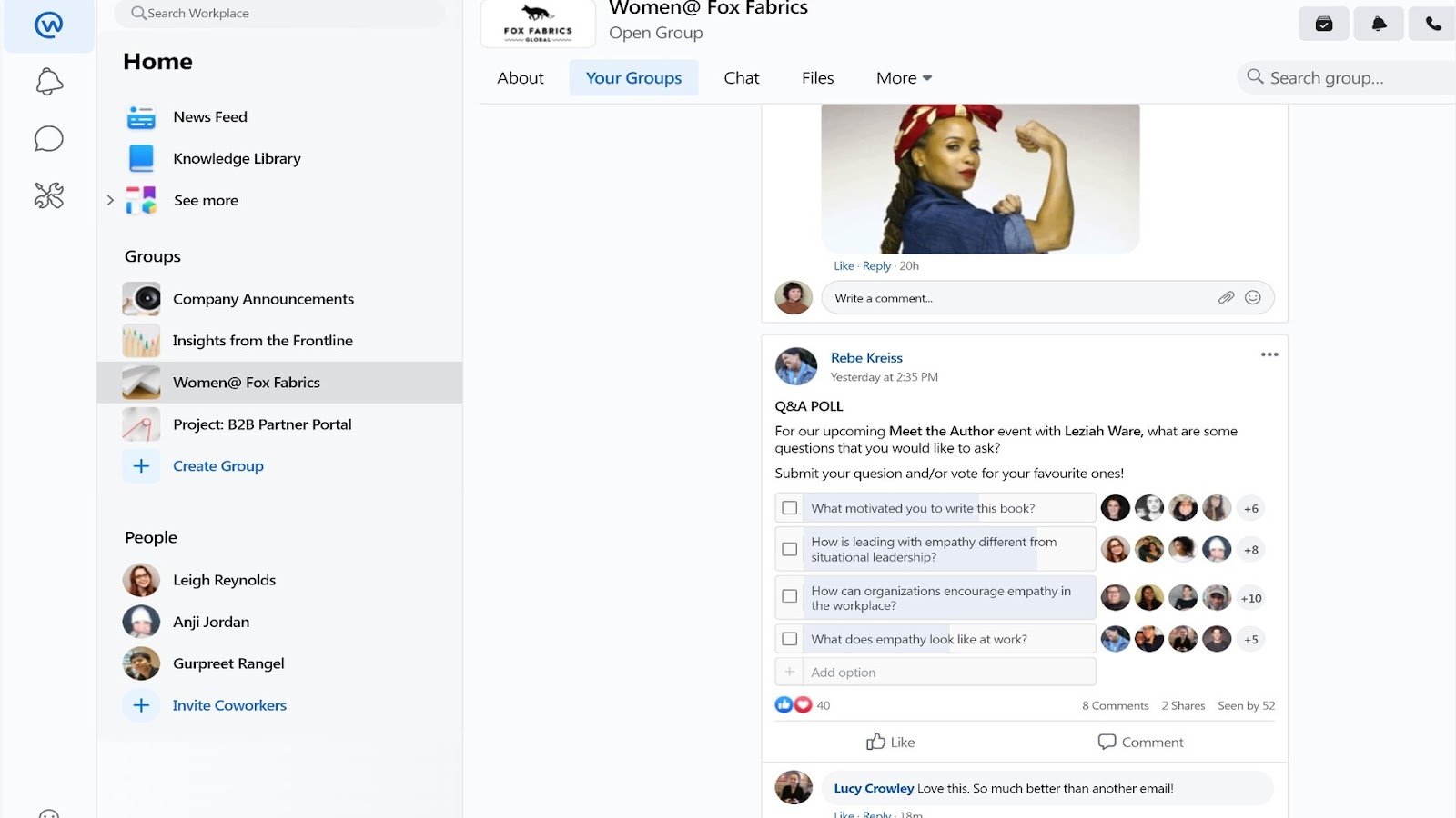 An employee-initiated poll in a group for Women@ Fox Fabrics.