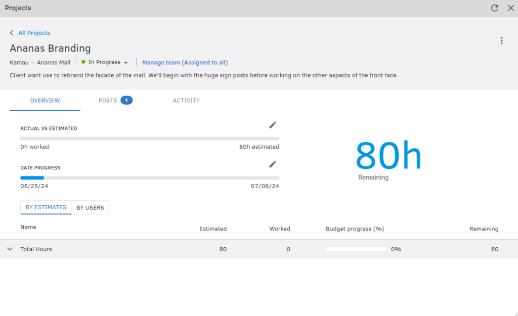 A screenshot of QuickBooks Time's project budget screen