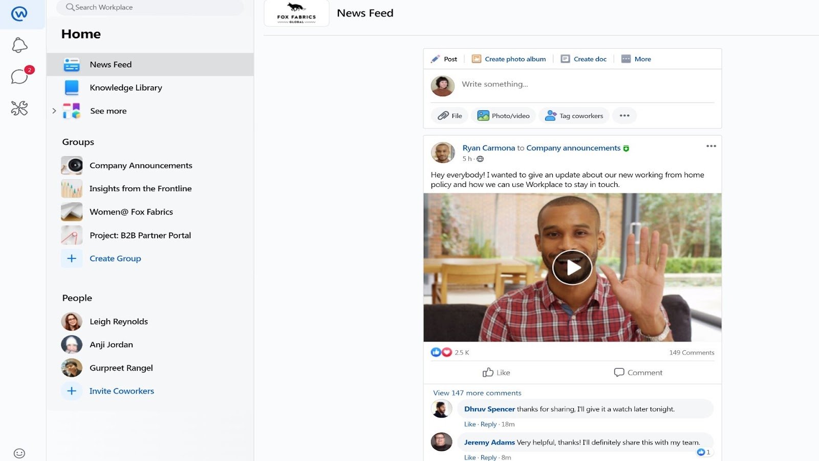 Workplace’s News Feed showing a company announcement video.