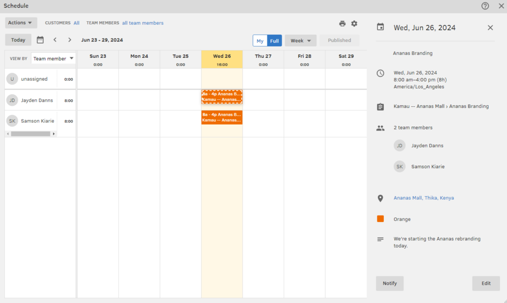 A screenshot of the QuickBooks Time scheduler