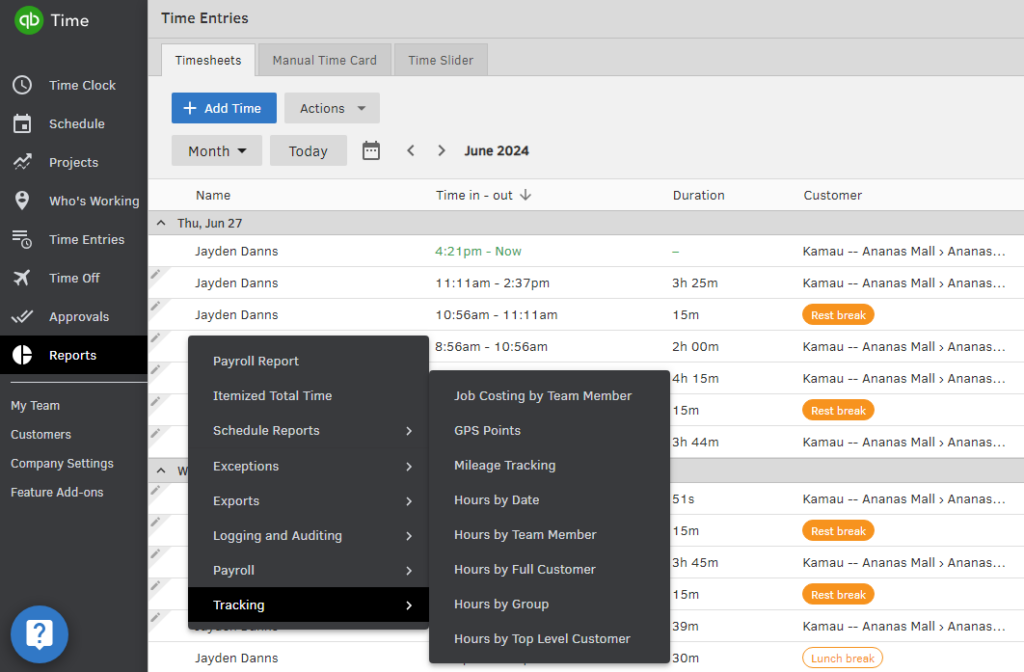 Screenshot showing QuickBooks Time report options.