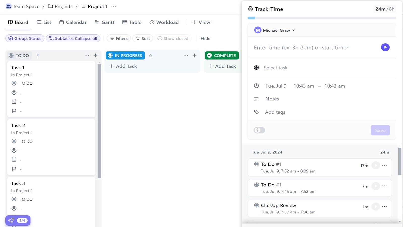 Time tracking module in ClickUp over a kanban board of tasks