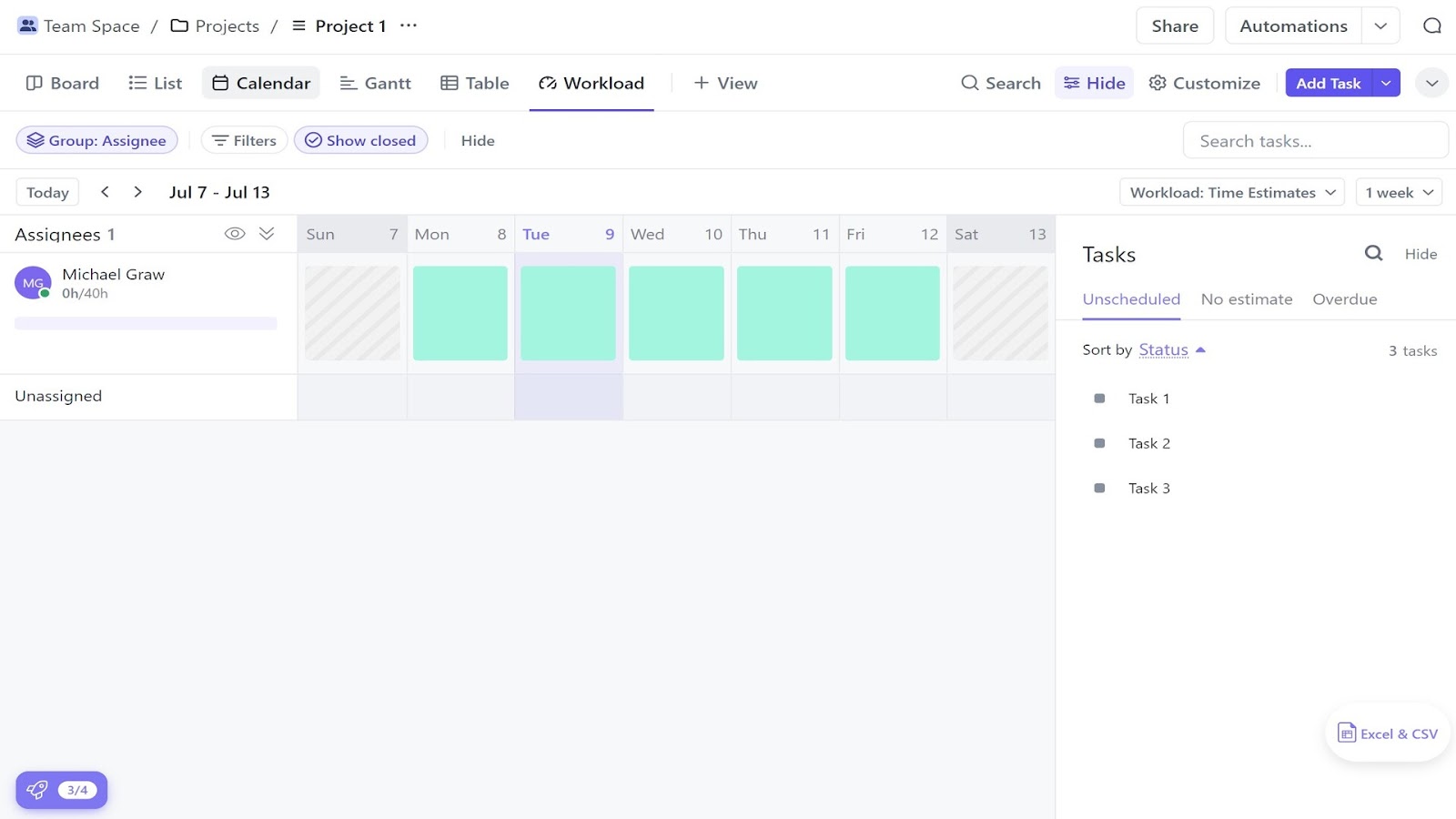 ClickUp’s workload view displaying an employee’s availability over a workweek