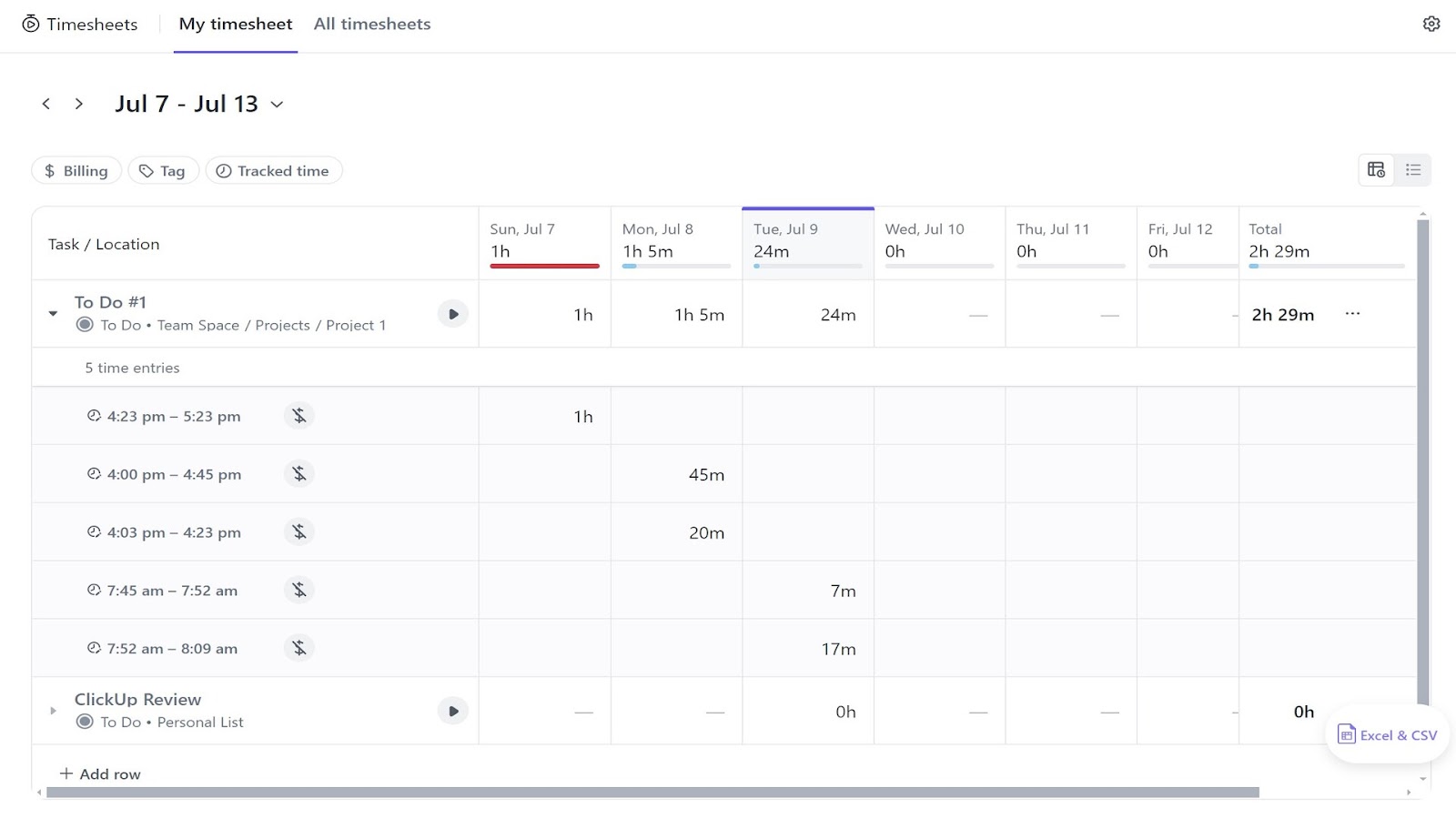 An employee’s timesheet in ClickUp showing multiple time entries for a task