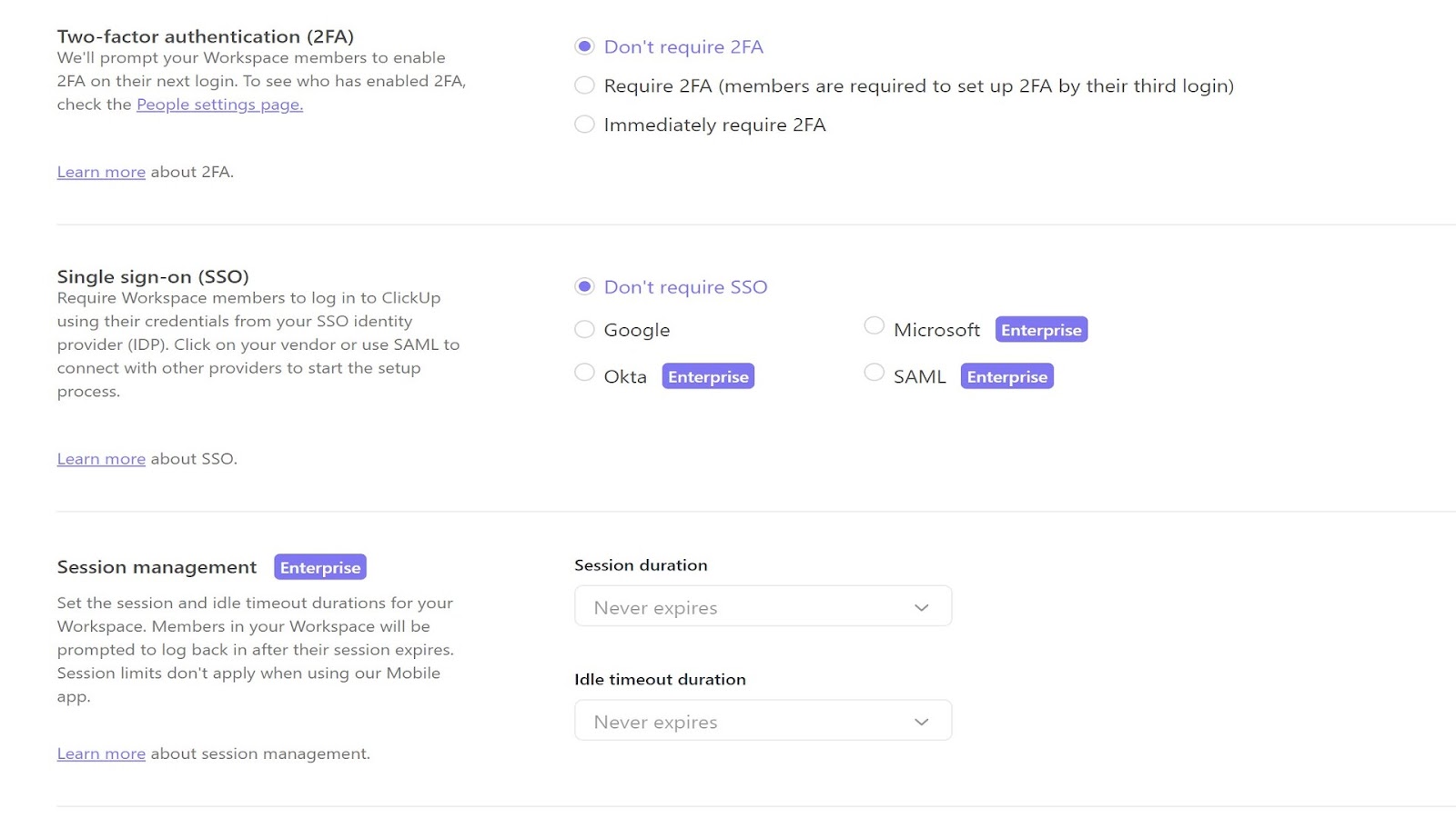 Security settings in ClickUp