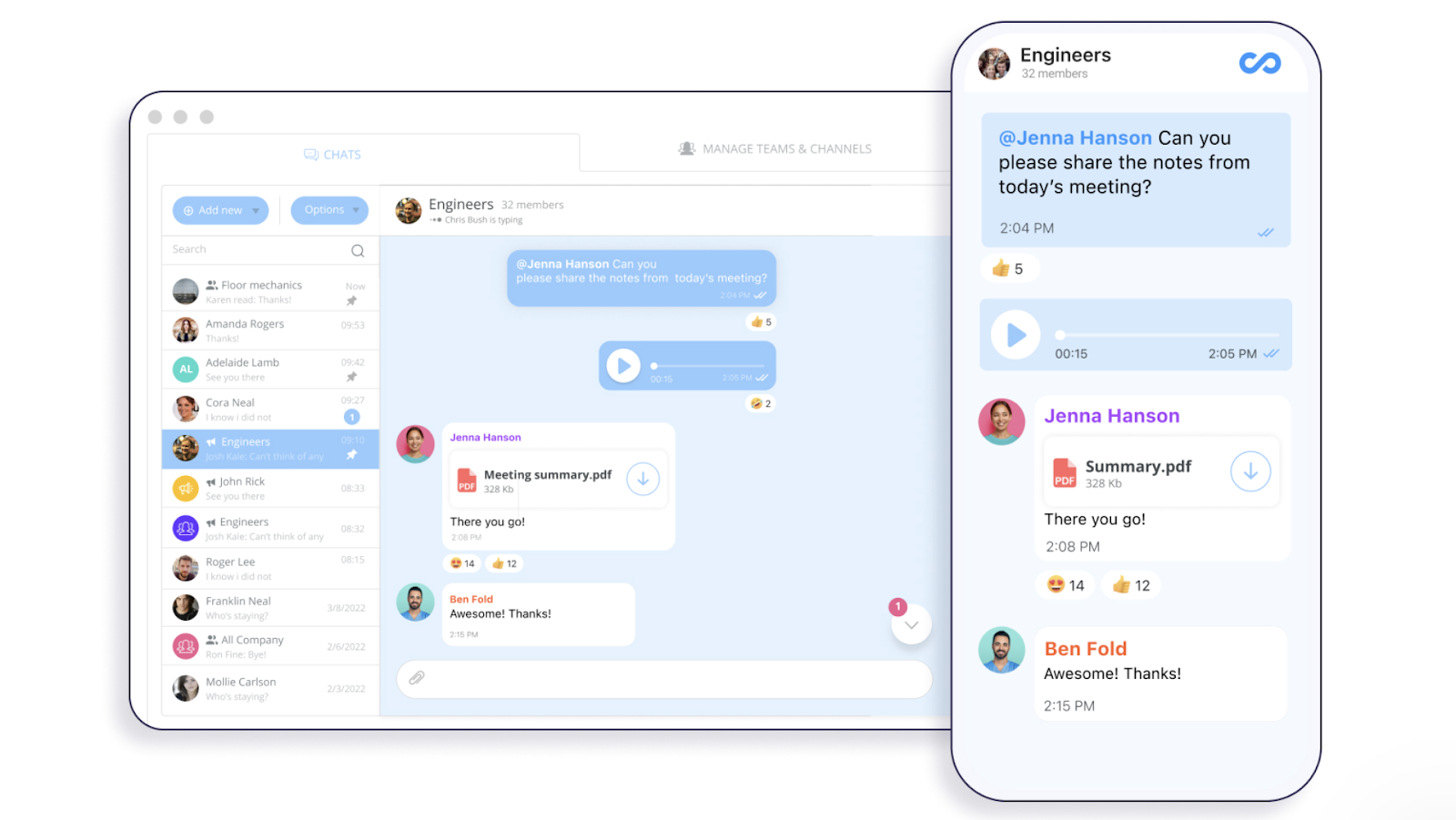 Screenshots of Connecteam’s team chat with text, voice notes, attachments, and reactions on its desktop and mobile apps.