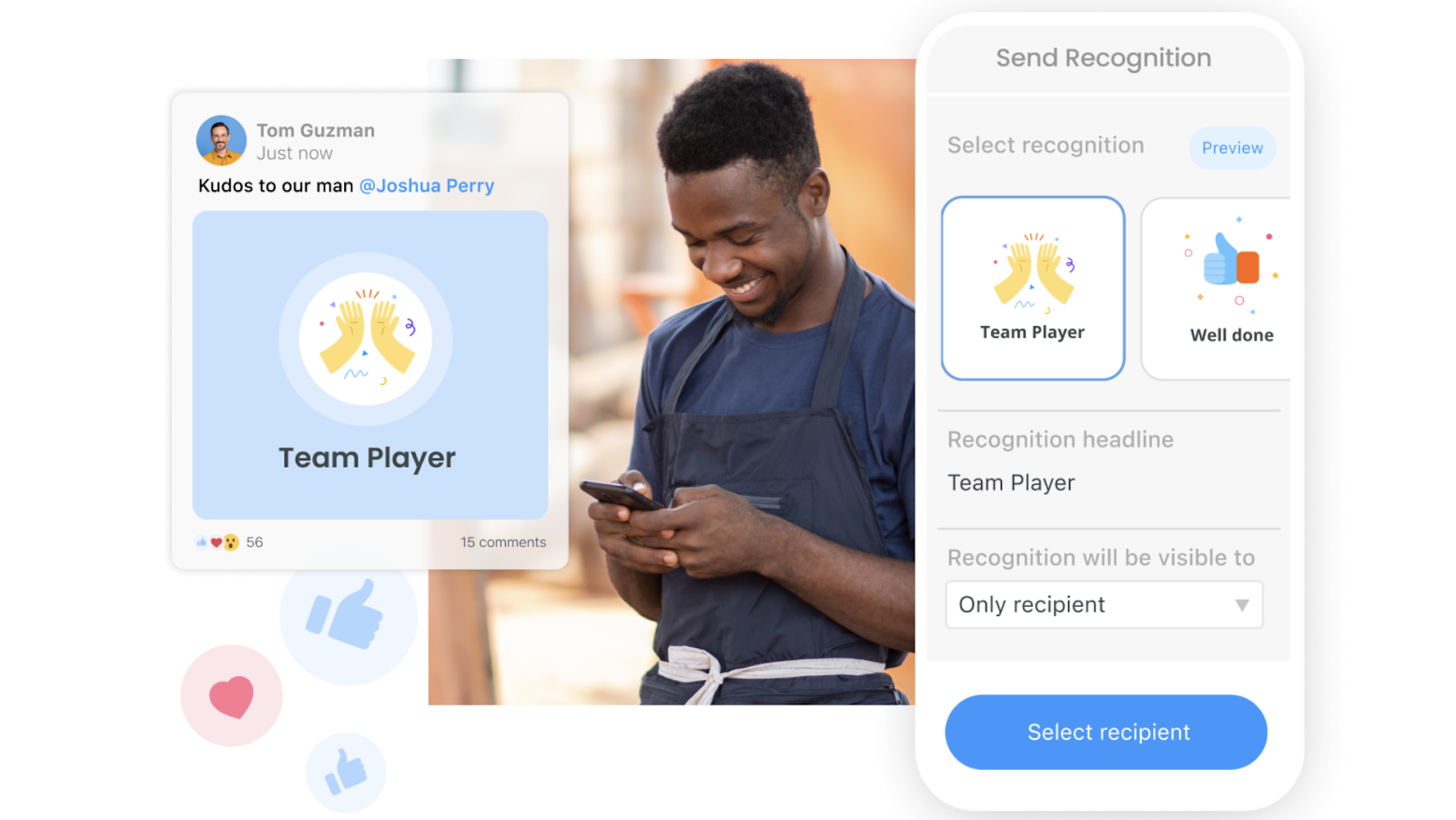 Connecteam’s recognition tool lets you send custom badges such as “team player” or “well done” either privately or in a public setting. 