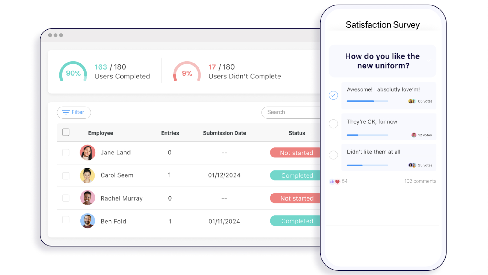 An employee satisfaction survey on the Connecteam mobile app with a dashboard showing response rates.