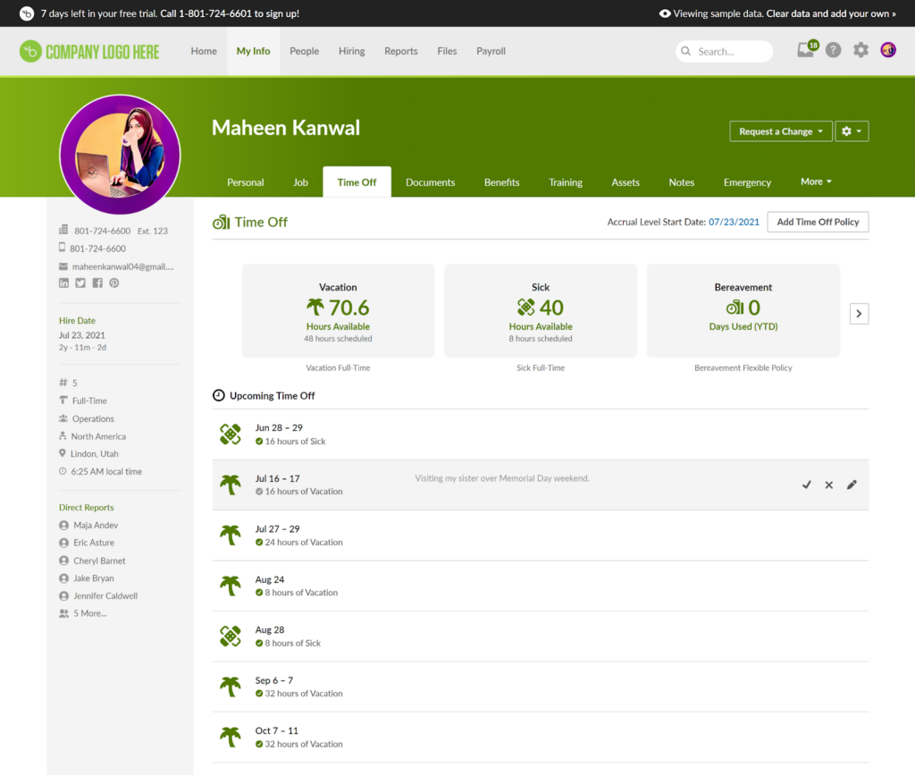 A screenshot of the BambooHR Time Off tab