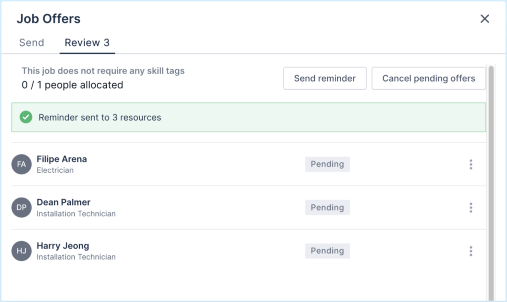 Screenshot of Skedulo’s Job Offers interface, showing 3 workers with pending statuses. A green confirmation banner says a reminder was sent to 3 resources, and buttons above the list let the scheduler send another reminder or cancel the outstanding offers. In this case, the scheduler has sent a reminder to 3 workers, but none have yet responded to the job offer.