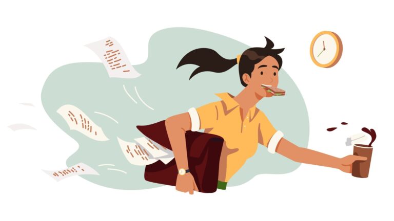 An illustration of a young woman arriving late to work