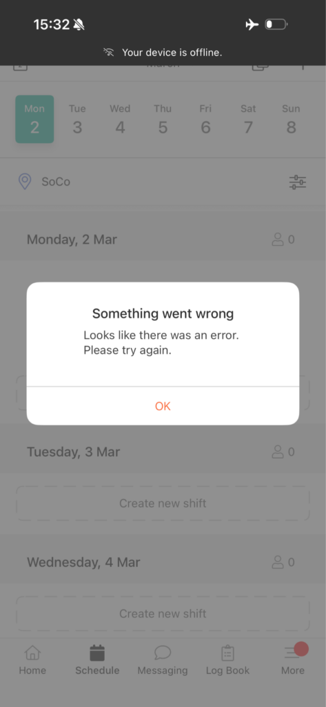 7shifts error message with no internet