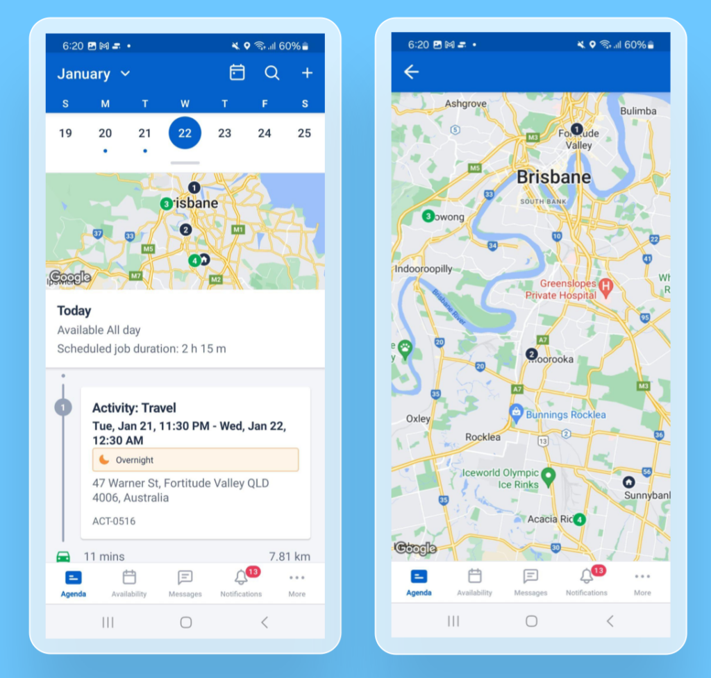 2 Skedulo Plus mobile screenshots showing a mobile worker’s January 22 itinerary and its expanded map. The first screen displays all-day availability, an overnight travel activity, an 11-minute travel estimate, and 4 numbered map markers around Brisbane.