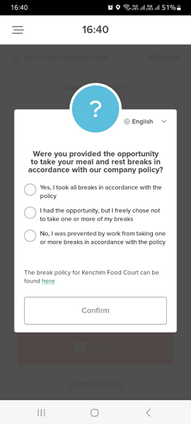 7shifts requires employees to confirm they took breaks in full compliance.