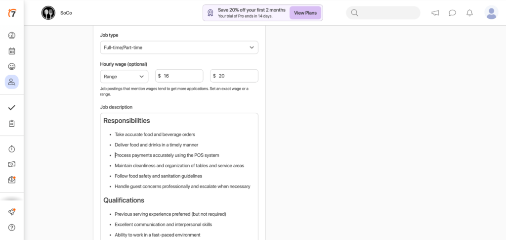 Screenshot of the 7shifts hiring platform displaying a restaurant server job posting form with job type, hourly wage range, responsibilities, and qualifications.