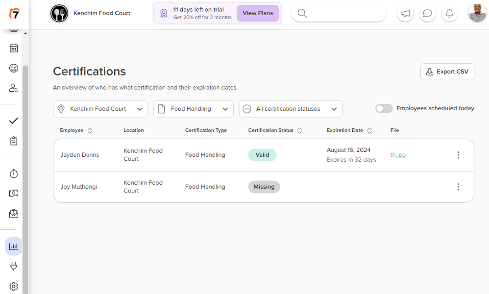 7shifts lets you generate employee certification reports.