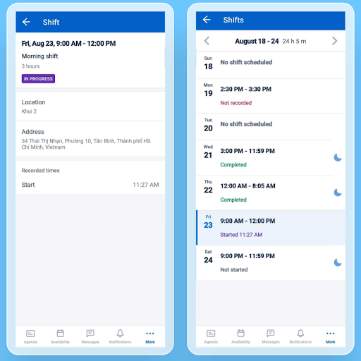 2 Skedulo Plus mobile screenshots showing the details of an in-progress morning shift (left) and a weekly shift calendar (right). The calendar lists each day’s working hours and status.