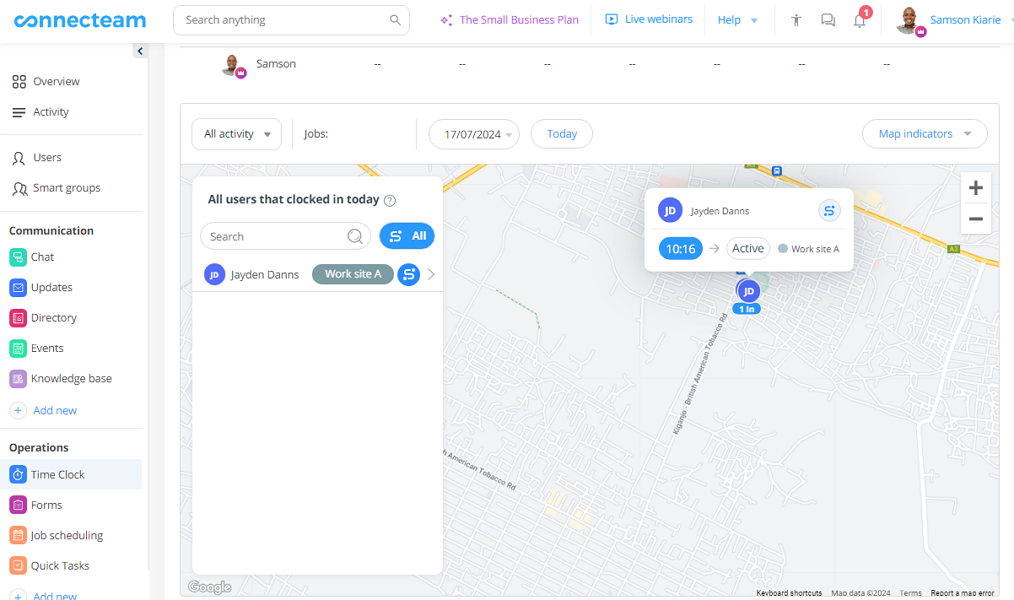 Connecteam tracks employee location in real-time.