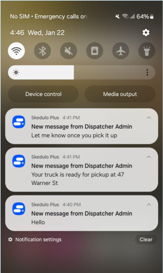 Android notification panel showing 3 Skedulo Plus push notifications from Dispatcher Admin. The messages say “Let me know once you pick it up”, “Your truck is ready for pickup at 47 Warner St,” and “Hello”.