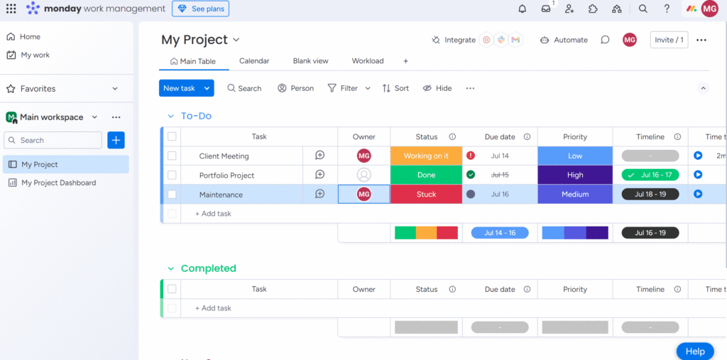 GIF showing how to track time in Monday.com