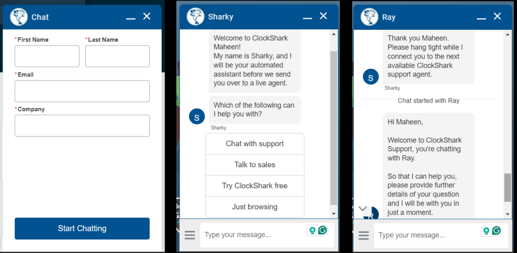 ClockShark chat interface showing a contact form, chatbot &ldquo;Sharky&rdquo; offering support options, and a live agent conversation after handoff.