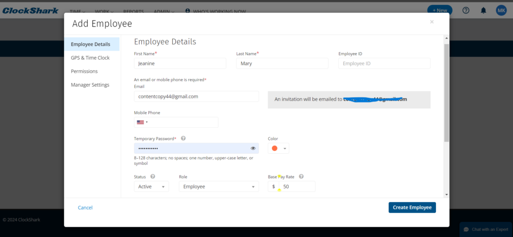 ClockShark&rsquo;s &ldquo;Add Employee&rdquo; screen showing fields for first name, last name, email, mobile phone, temporary password, status, pay rate, and role-based permissions, which are limited to 2 roles: Employee and Admin. You can further customize permissions through Manager Settings. 