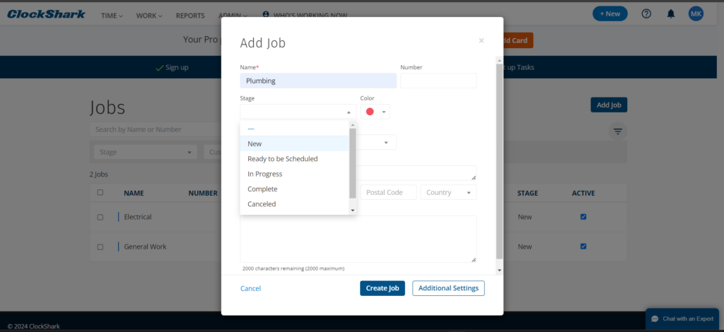 Screenshot of the "Add Job" window in ClockShark, showing options for naming the job, selecting its stage (New, Ready to be Scheduled, In Progress, Complete, or Canceled), and assigning a color.