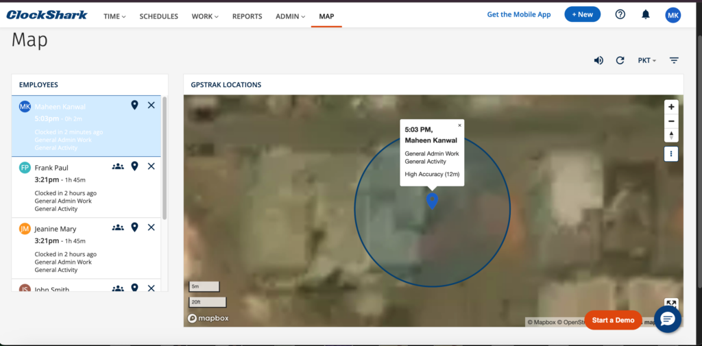 ClockShark map view showing employee locations with high accuracy indicated within a geofenced job site. A panel on the left shows each employee&rsquo;s clock-in time as well. 