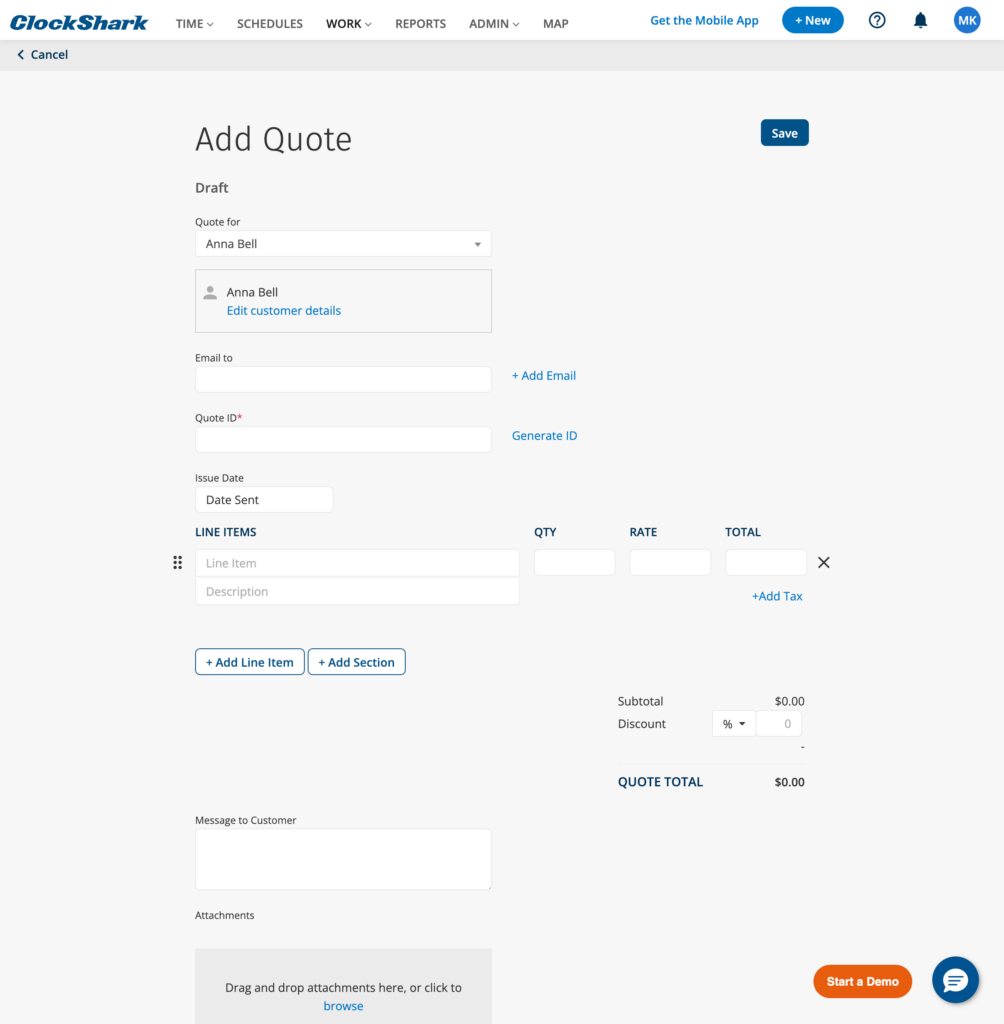 ClockShark's add quote screen showing fields such as client name, date, line items, message, and attachments.