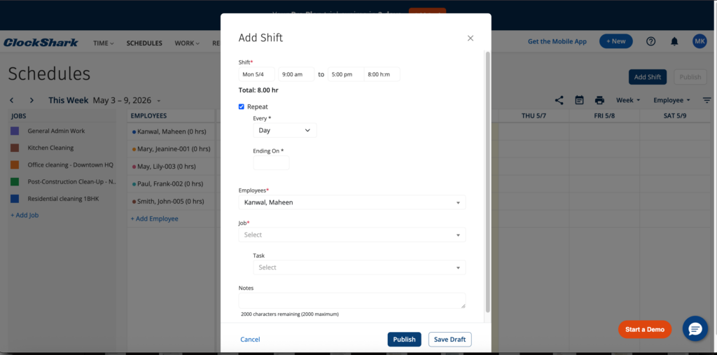 ClockShark scheduling screen with an &ldquo;Add Shift&rdquo; modal showing fields for date, time, repeat settings, employee assignment, job, task, and notes.