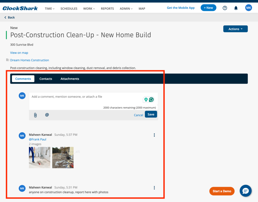 Screenshot of the ClockShark Conversations feature, showing a job-specific discussion thread where team members can add comments, mention colleagues, and attach files related to the job.