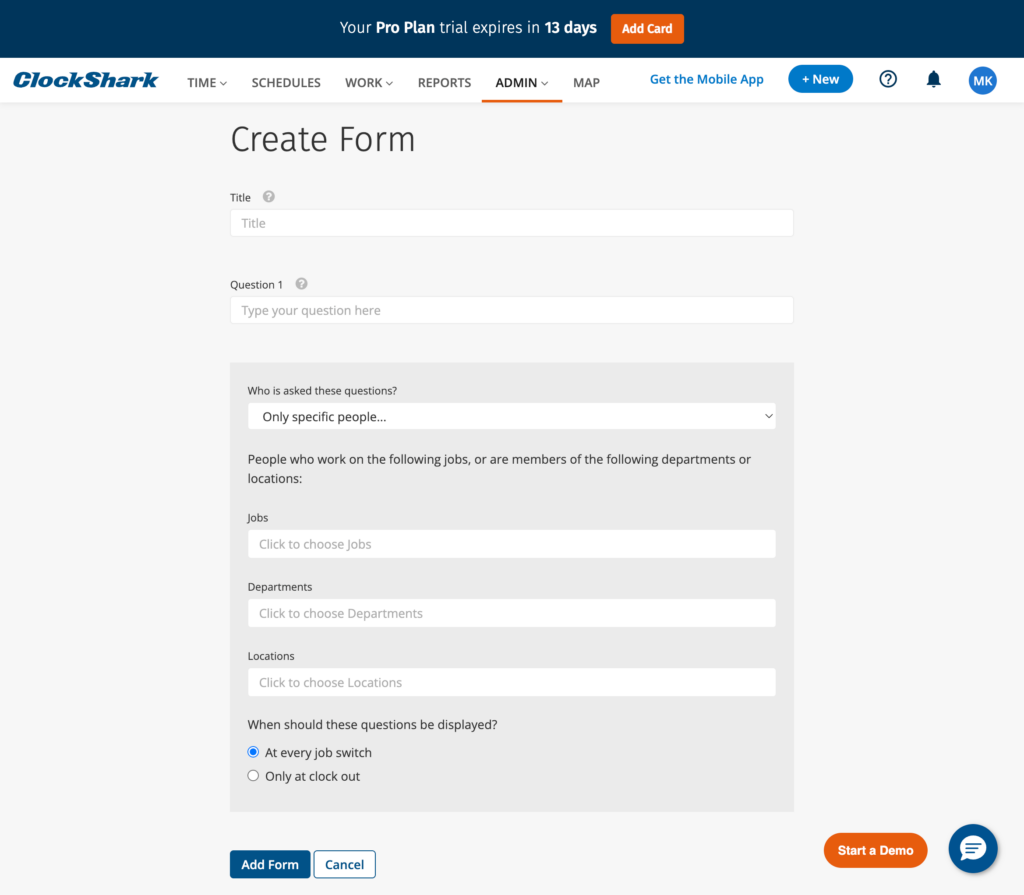 Screenshot of the "Create Form" page in ClockShark, displaying options for adding form title, questions, assigning roles, jobs, departments, locations, and selecting when to display the questions.