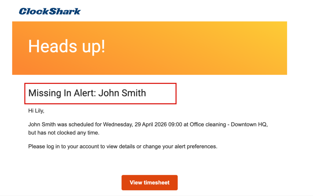 Screenshot of an email notification for a "Missing In" alert, showing the name of the employee who was scheduled but did not clock in.