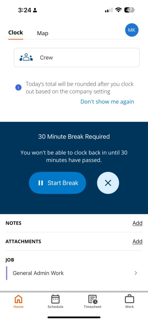 ClockShark mobile app showing a "30 Minute Break Required" notification, preventing clock-in until the set break time has elapsed.