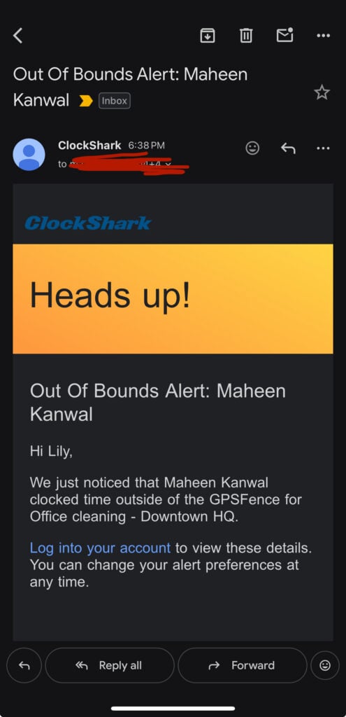 Email notification from ClockShark alerting that an employee clocked in outside of a geofenced area.