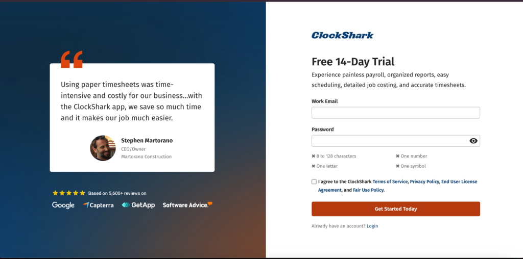 ClockShark offers a simple sign-up process with required fields for email, password, and agreement to terms before starting the free trial.