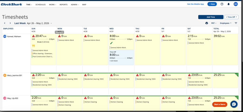 ClockShark&rsquo;s Timesheet page showing employee work hours for the week. Each day displays hours worked, tasks completed, and any conflicts flagged with red caution triangles (e.g., missing clock-ins, break durations, etc).