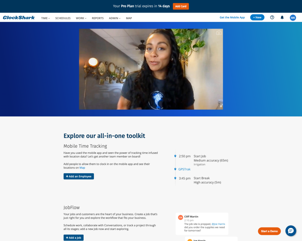 ClockShark&rsquo;s welcome screen displaying a video introduction, job tracking, time tracking features, and options to add an employee or job. On the bottom right, there are also icons to start a demo or chat with customer support. 