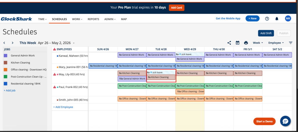 ClockShark schedule showing employee shifts, with color-coded jobs, and a sick leave entry that conflicts with a scheduled shift. There&rsquo;s an index on the left that shows which color corresponds to which job.