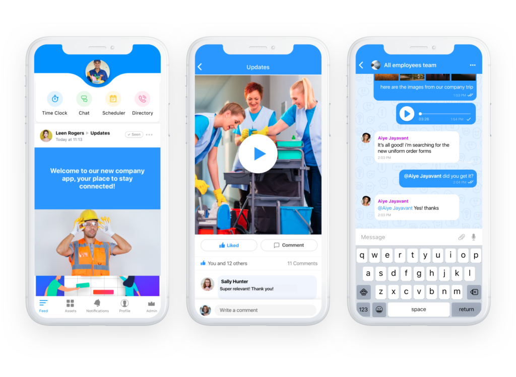 3 images of Connecteam displaying cleaning employees using chat and the employee newsfeed