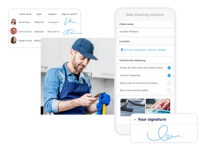 Image of man looking at his phone checking his daily cleaning checklist