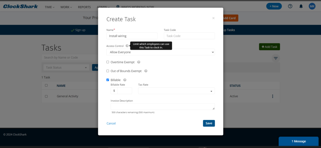 ClockShark &ldquo;Create Task&rdquo; popup showing fields for task name and code, access control settings, overtime and geofence exemptions, billable rates, and invoice description.