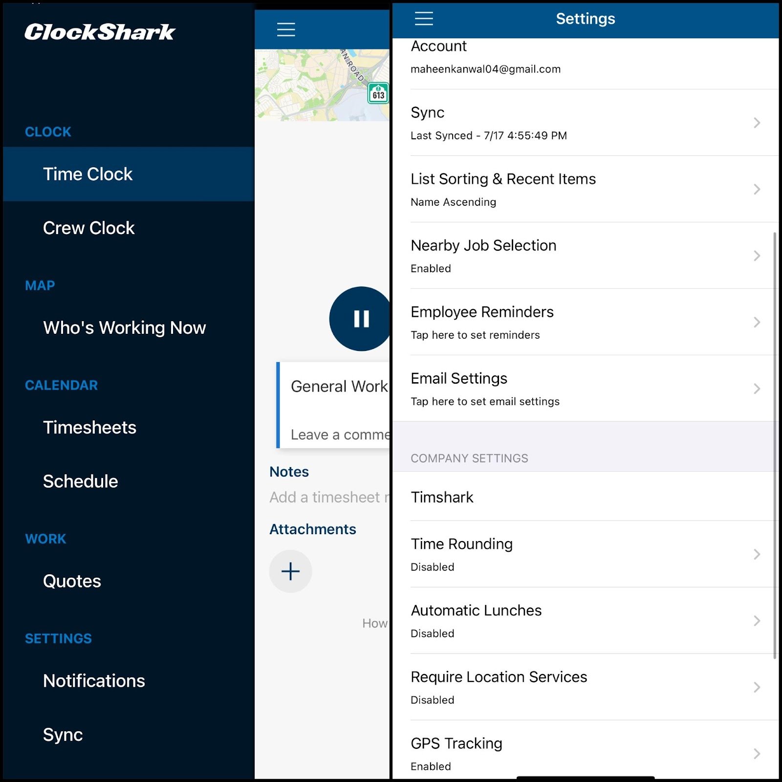 ClockShark mobile app screenshot of menu and settings