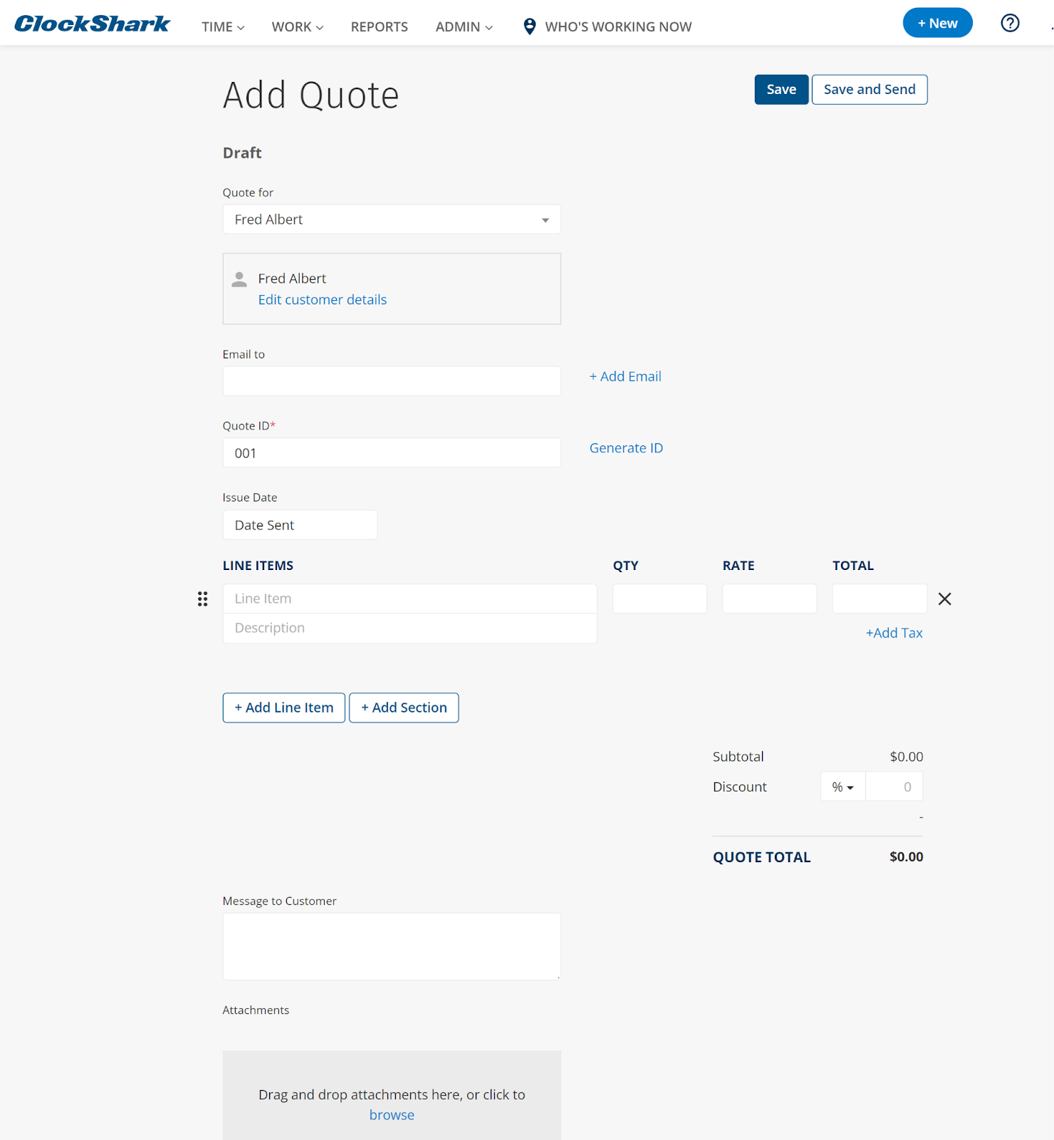 ClockShark’s Add Quote feature, with client name, email, line items, rates, and attachments.