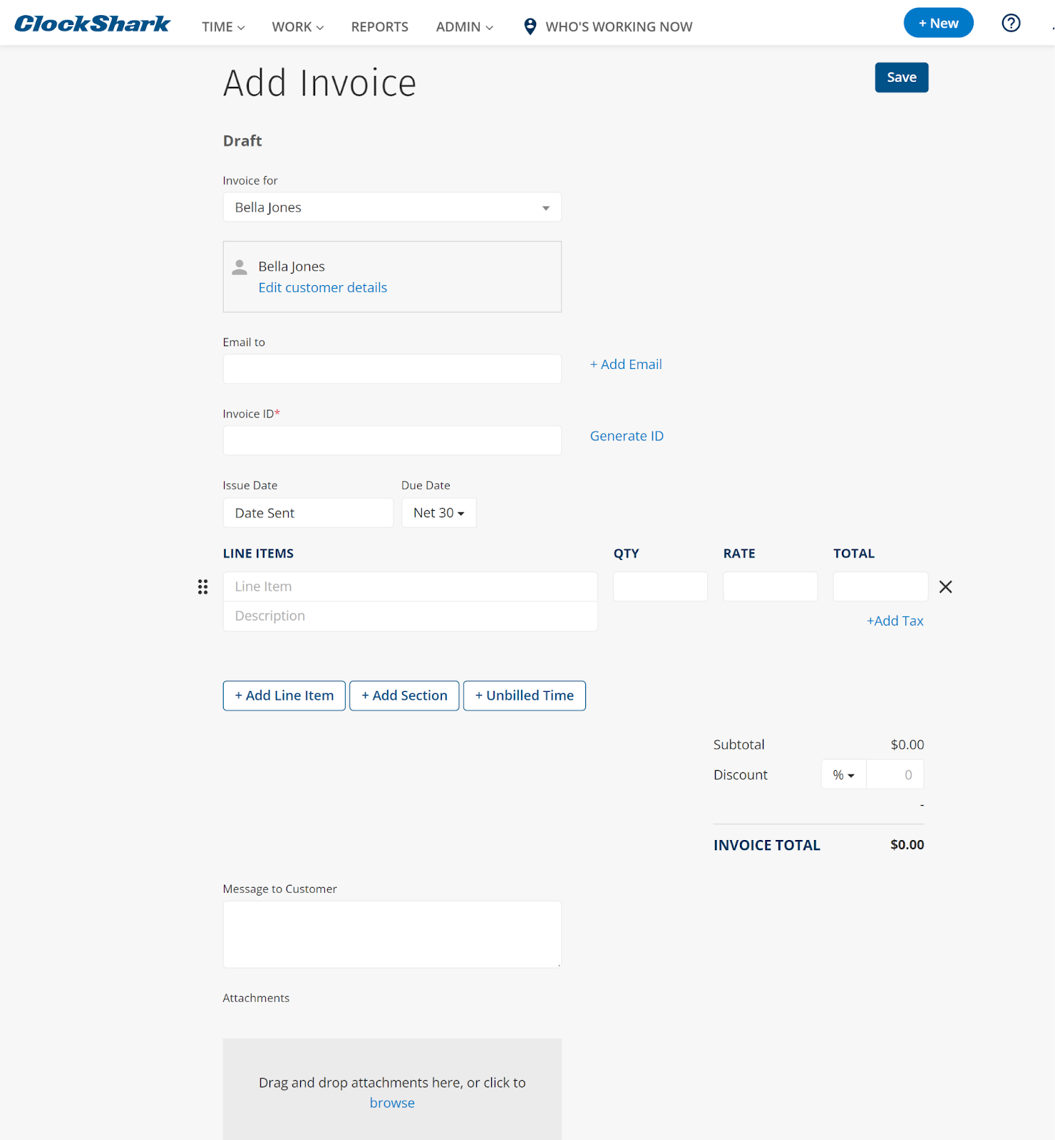 ClockShark’s Add Invoice feature, with client name, email, line items, rates, and attachments.