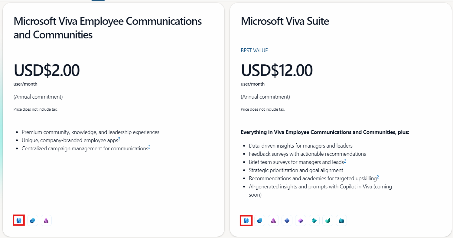 Screenshot comparing pricing and features of Microsoft Viva Employee Communications and Microsoft Viva Suite.